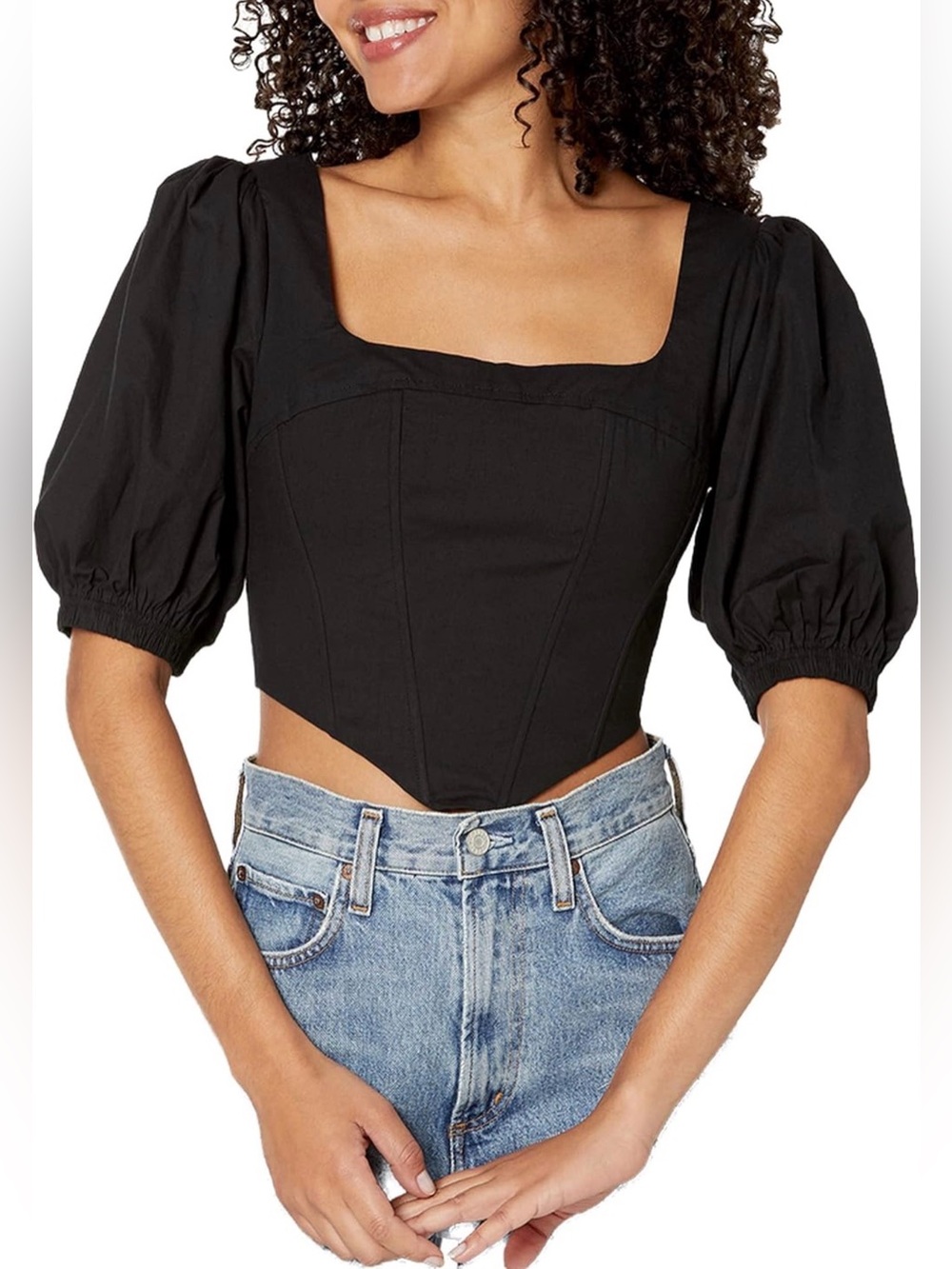 NWT NIA Seine Corset Top Black Puff Sleeve Square Neck Blouse Size S